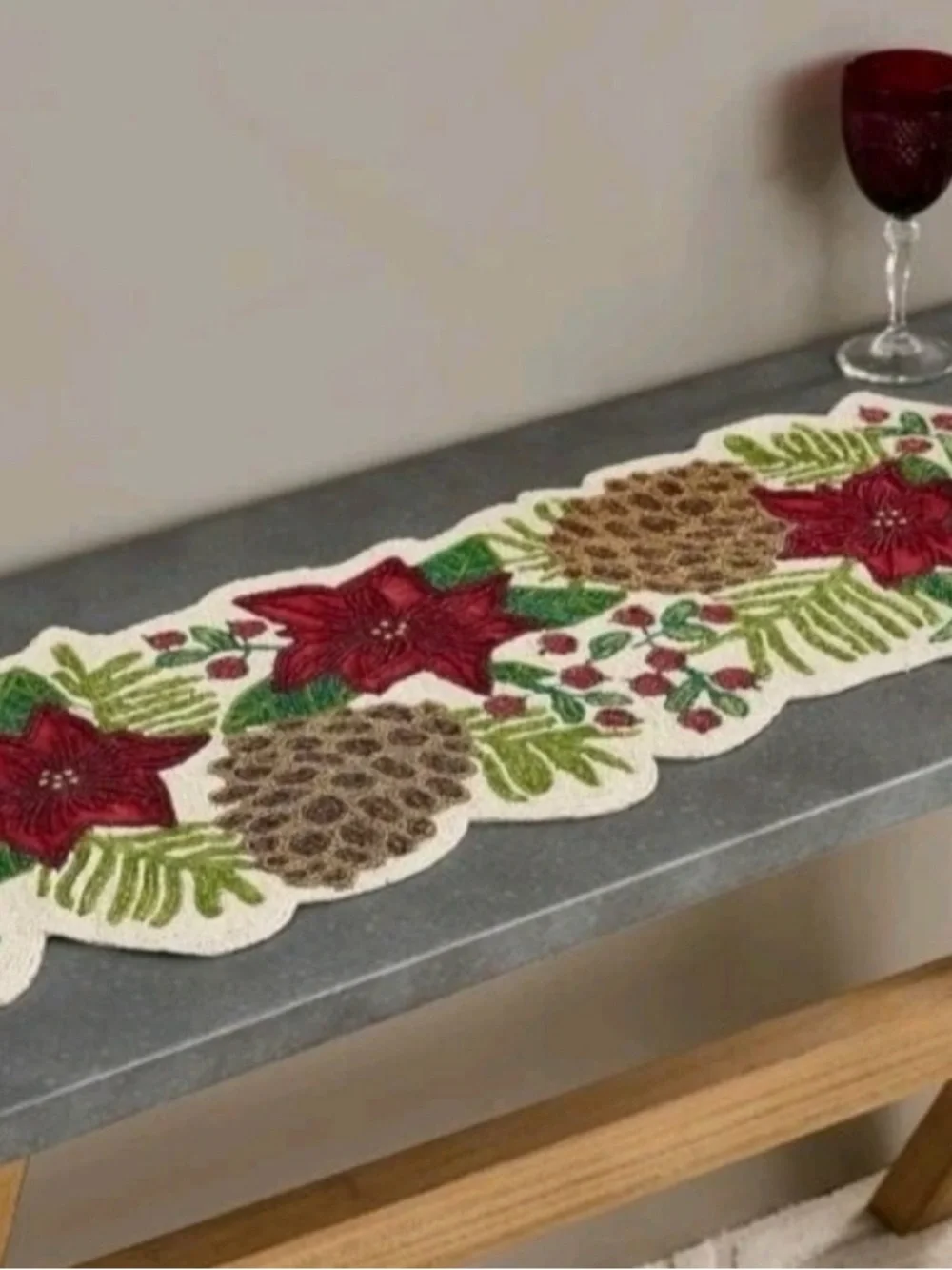 Festive Red Poinsettia Beaded Holiday Table Runner